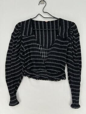 Free People Black Striped Cropped Peasant Top Puff Sleeve Boho Stretch